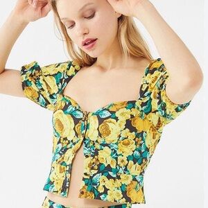 Laura Ashley x Urban Outfitters yellow floral smocked crop top  puff sleeves XS